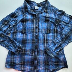 Columbia Long Sleeve Blue Plaid Flannel Button Down Shirt Soft Women’s Large‎